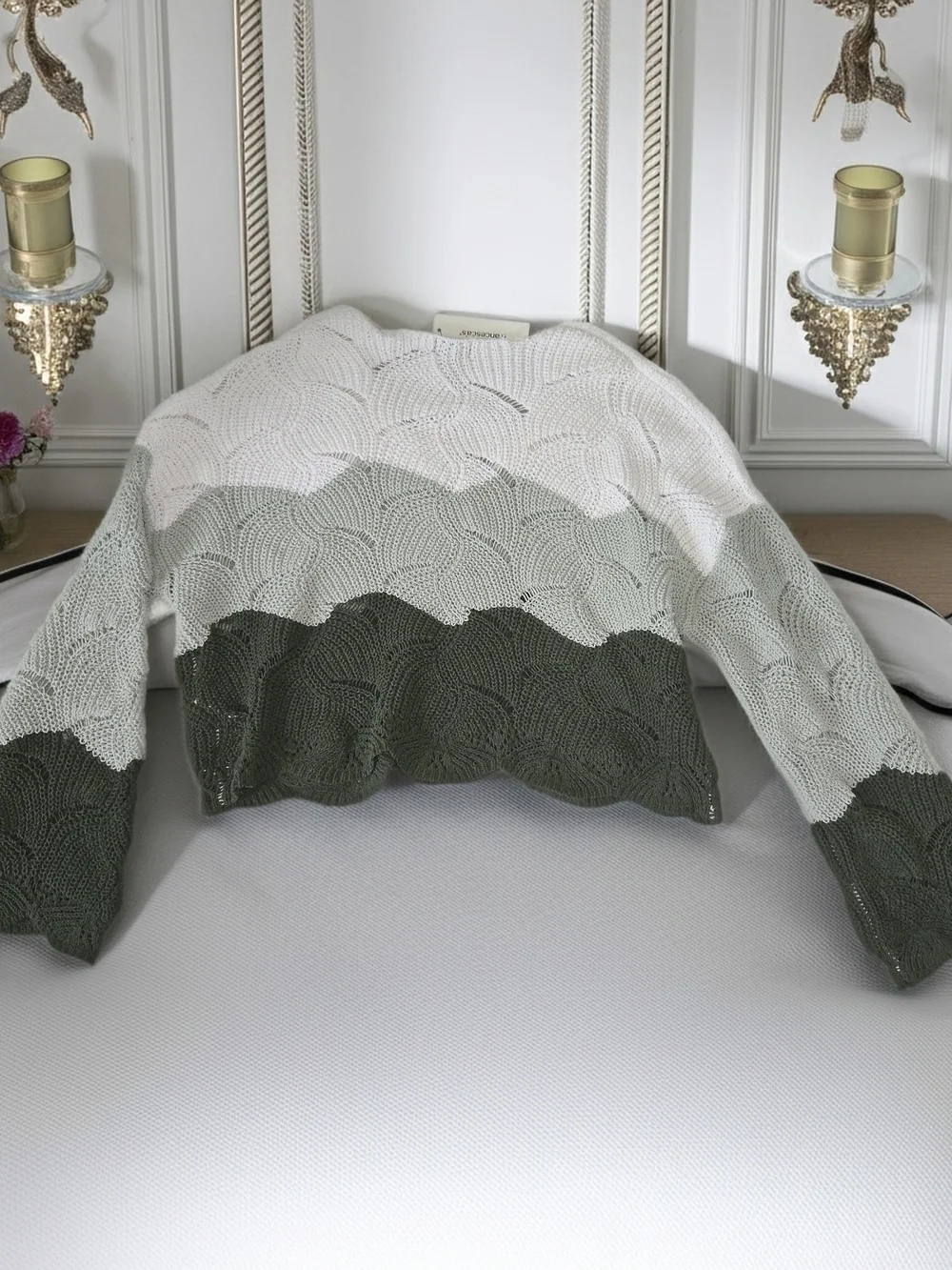 Francesca's Collections V-Neck Crochet Sweater in Cream, Sage & Olive NWT Size S - Picture 2 of 6